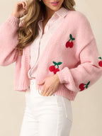 Cherry Embroidery Women's Cardigan Pink