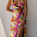 Slit Sling Summer Suspender Dress Red flower