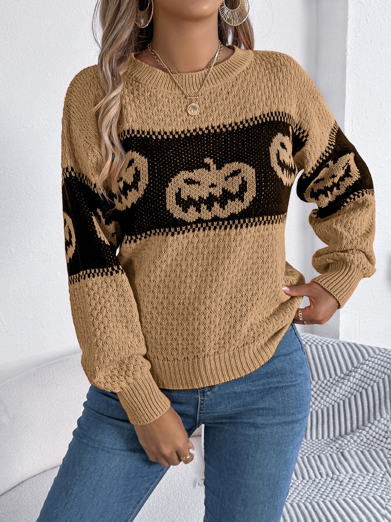 Halloween Pumpkin Head Pullover Khaki