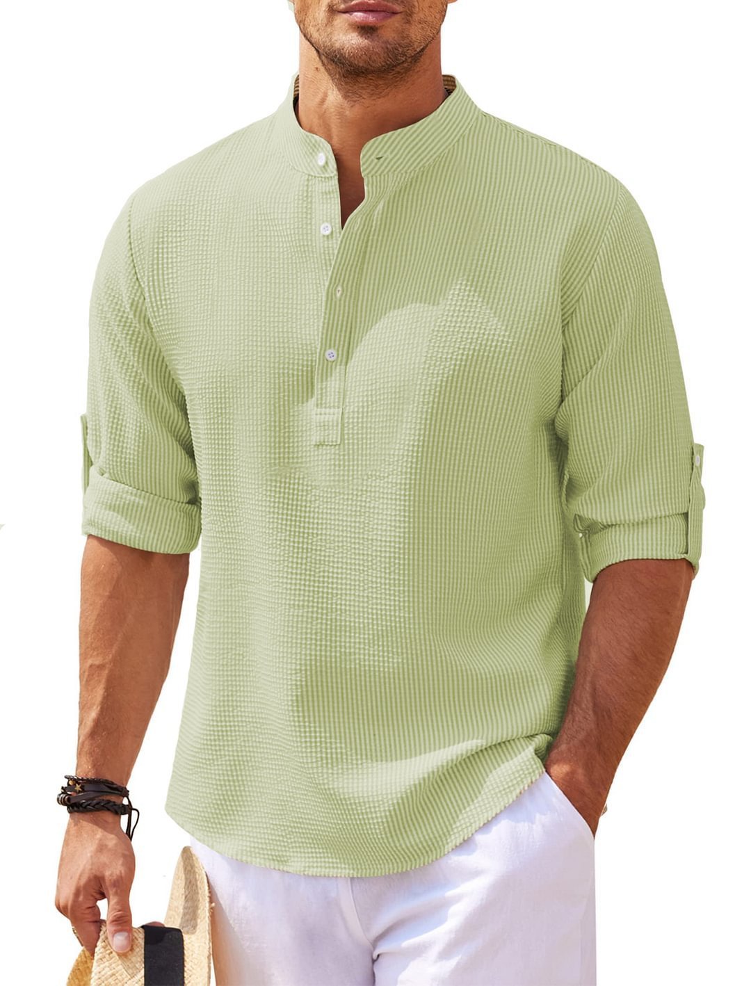 Men's Casual Shirt Long Sleeve Stand Collar Shirt Green