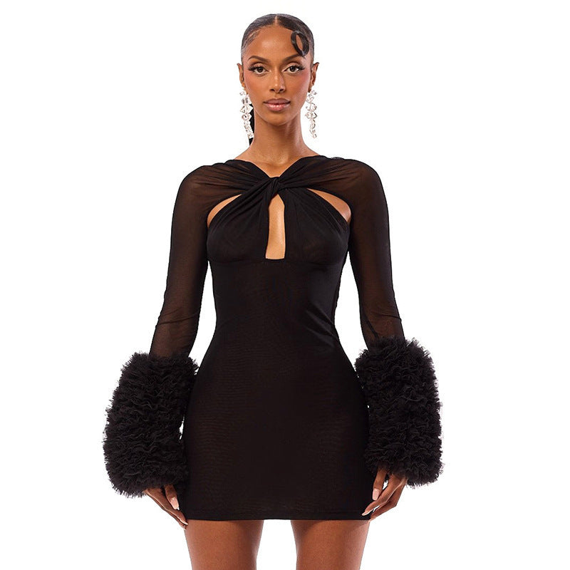 Mesh Cross Hollow-out Long Sleeve Plush Sheath Dress Black