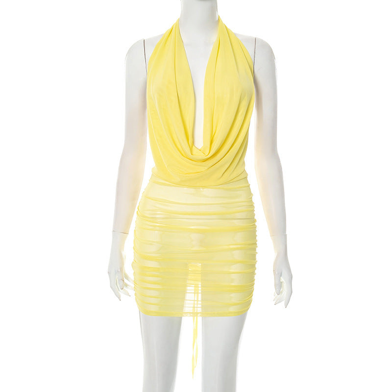 Women's Wear Temperament Mesh Halter Dress Yellow