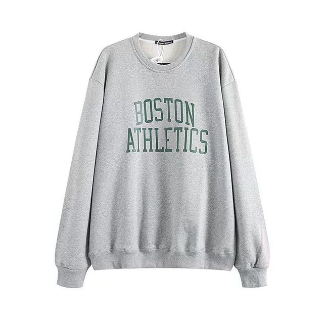 Fleece Boston Letters Print Cotton Pullover Sweatshirt Grey One size