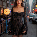 Lace Square Collar Bell-bottom Dress Black