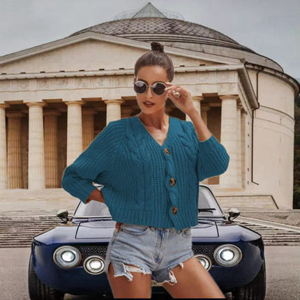 Autumn And Winter Button Sweaters Peacock Blue