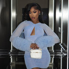 Mesh Cross Hollow-out Long Sleeve Plush Sheath Dress Blue