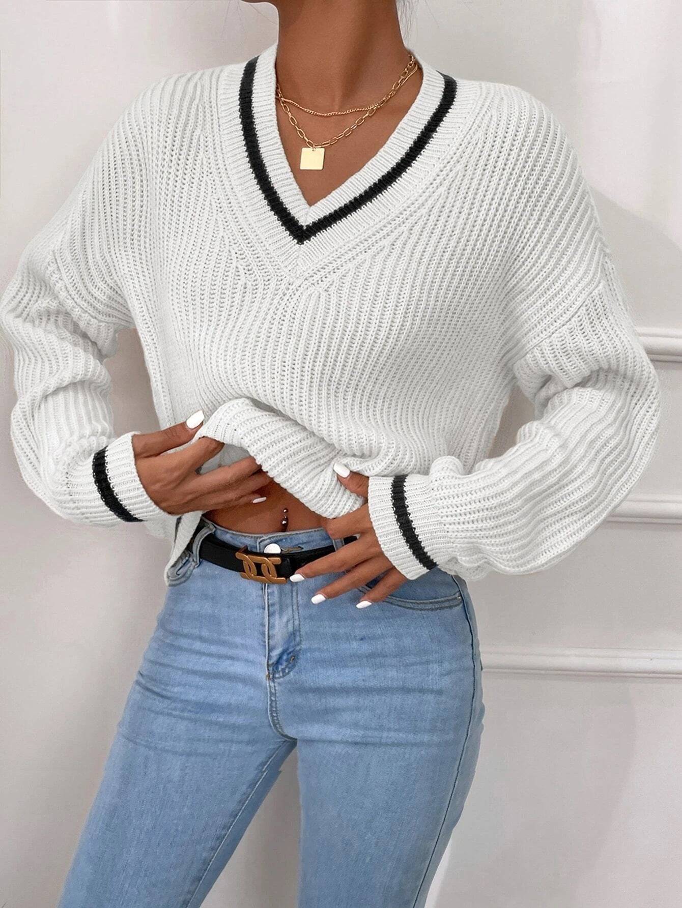 Winter Women's Striped Pullover Sweater White