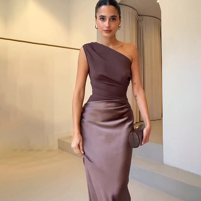 Diagonal Collar Backless Sheath Casual Dress