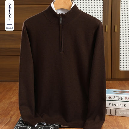 Men's Half Zipper Worsted Wool Sweater Brown