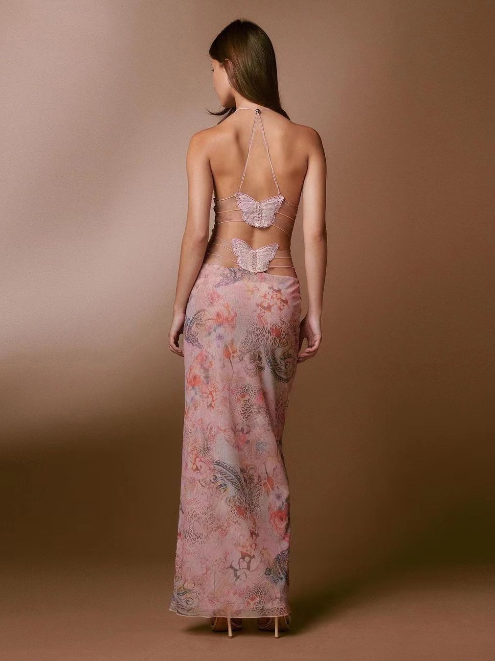 Floral Print Halter Spaghetti Straps Dress