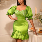 Sequin Stitching Ruffled Banquet Sheath Evening Dress Green