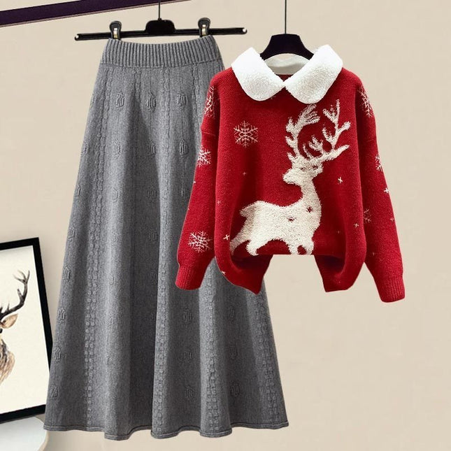 All-matching Knitted Sweater Skirt Two-piece Set Red suit