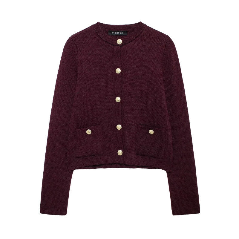 Gold Decorated Button Cardigan Wine red