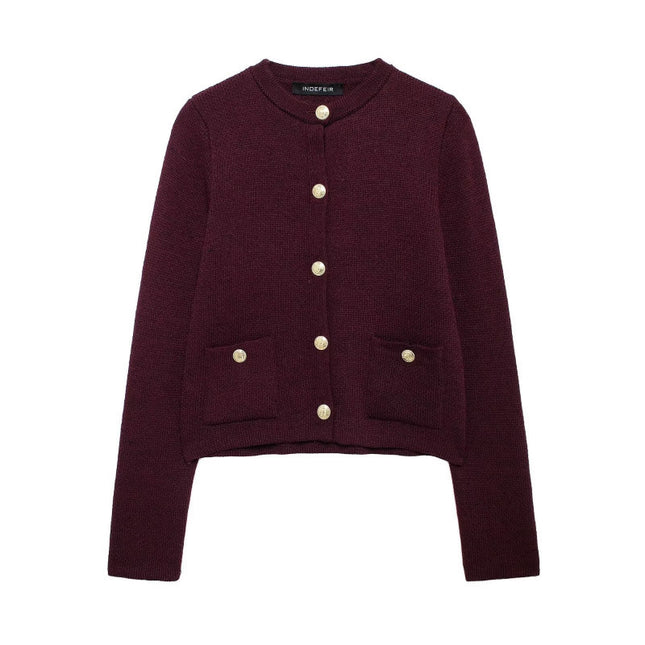 Gold Decorated Button Cardigan Wine red