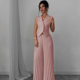 Lapel Button Vest Top And Pleated Pants set