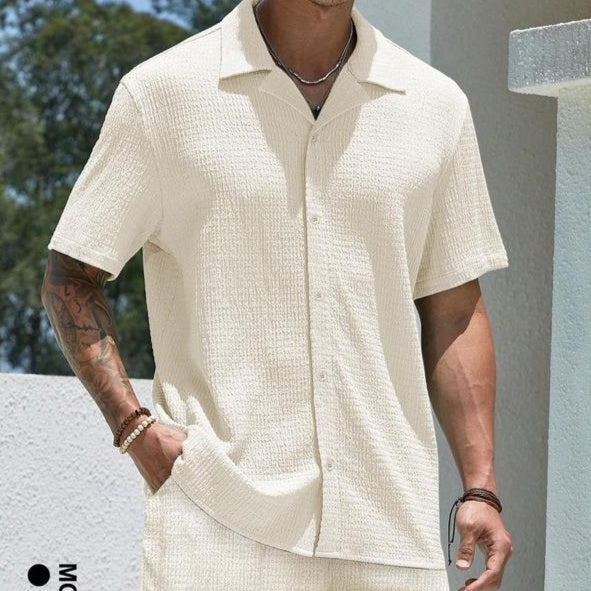 Single Suite Men's Shirt And Shorts Two-piece Set creamy white