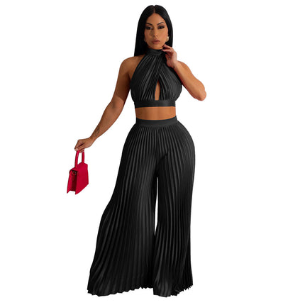 Women's Halter Silk-like Pleated Wide-leg Pants Two-piece Set Black