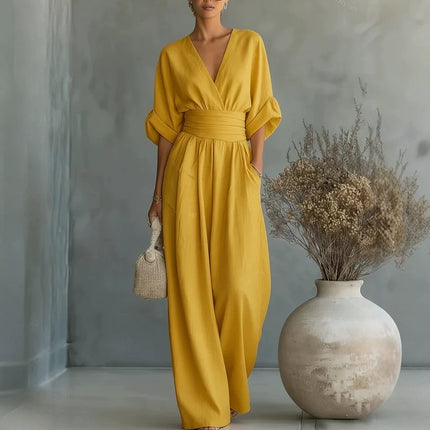 Women's High Waist Wide-Leg Jumpsuit | Three-Quarter Sleeve, Pleated