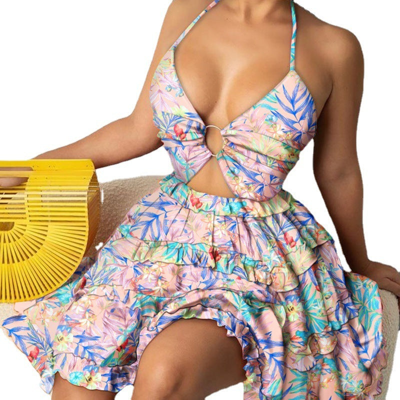 Hollow Out Strap Elegant Halter Printing Slip Dress