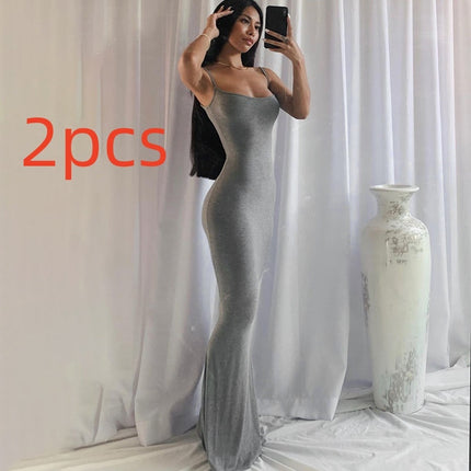 Casual Slim-fit Sling Long Dress 2PC Light gray
