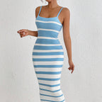 Women's Hot Girl Striped Spaghetti Straps Hip Dress lake blue