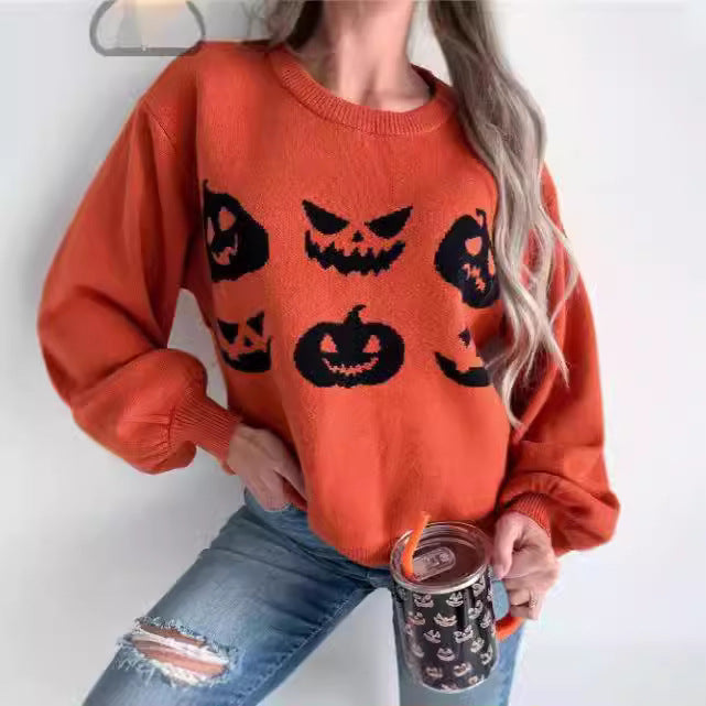 Orange Halloween Pumpkin Face Sweater