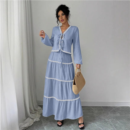 Women Lace Layered Pleated Skirt Suit