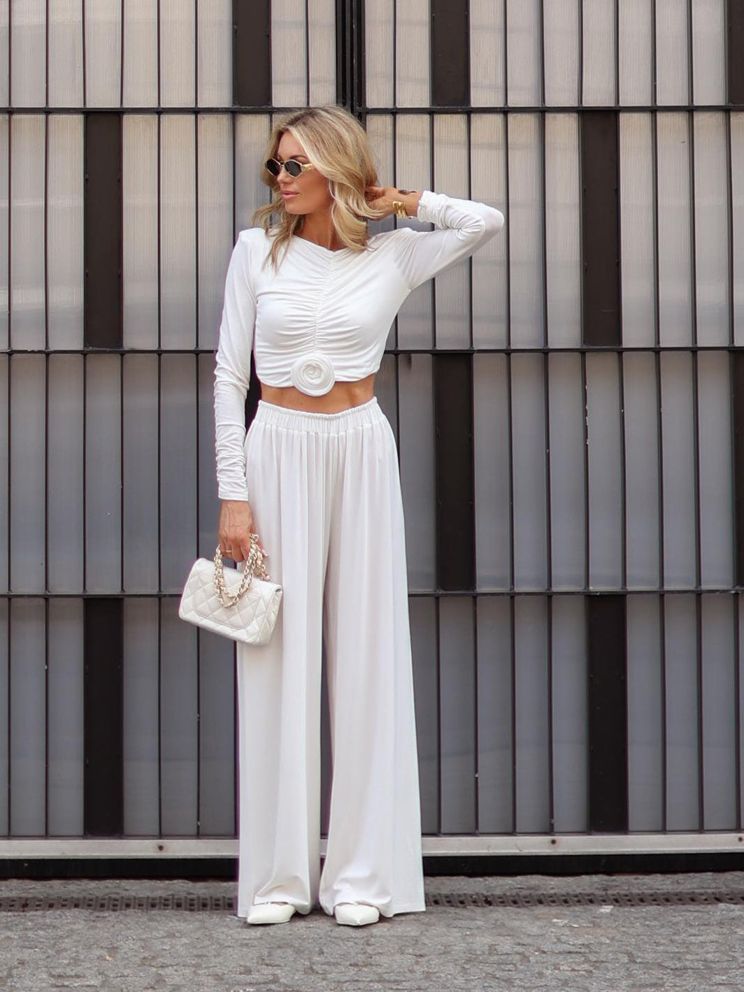 SS Floral Top & Pants Suit White