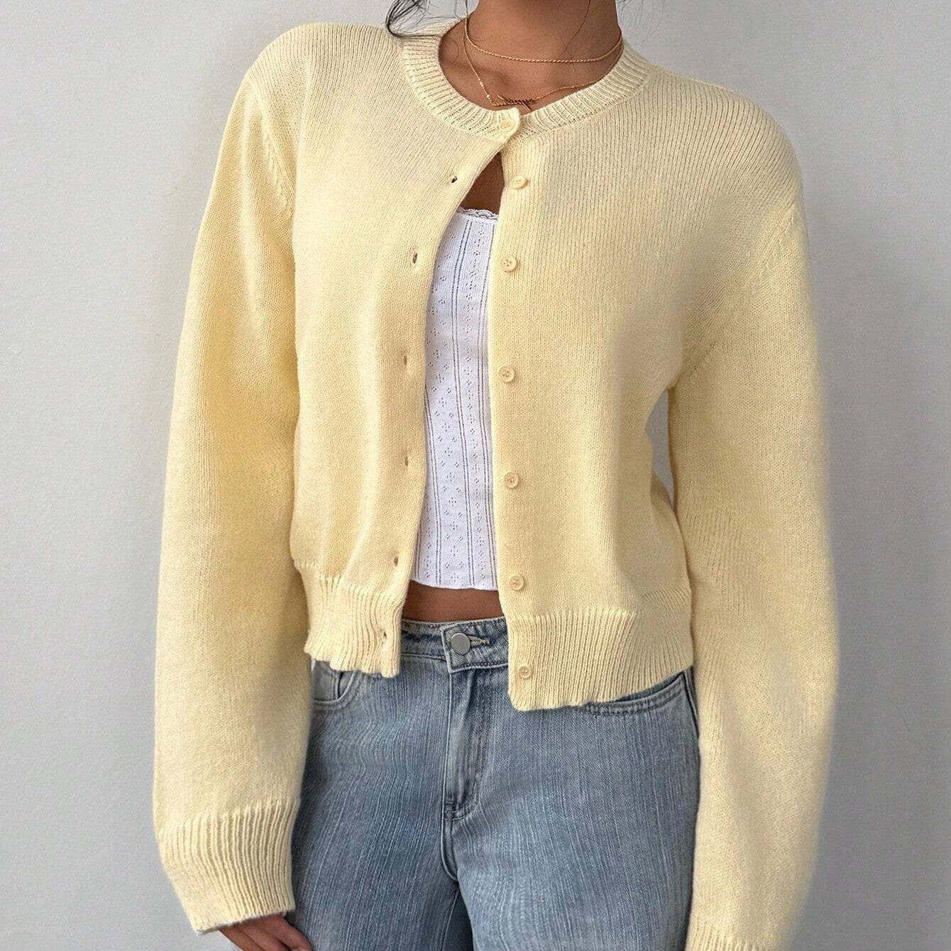 Chic Knitted Cardigan Short Sweater Yellow