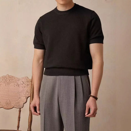Men's Round Neck Short Sleeve Knitted T-shirt Black