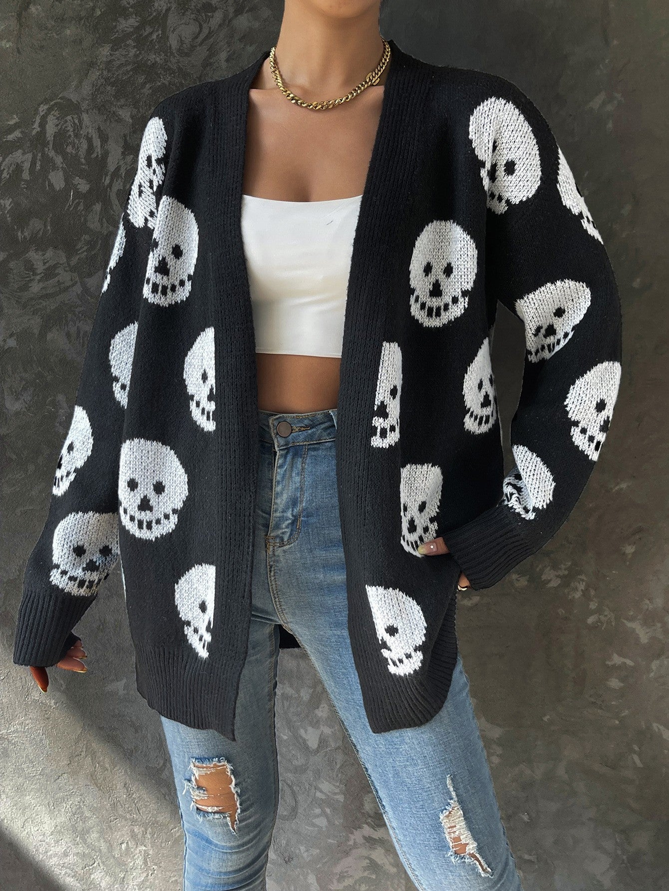 Halloween Skull Jacquard Knitted Cardigan