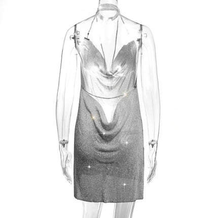 Backless Metal Sequins Brace Halter Dress