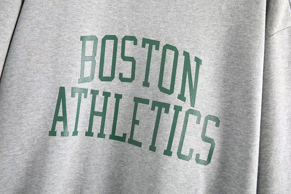 Fleece Boston Letters Print Cotton Pullover Sweatshirt