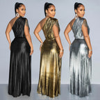 Elegant Bronzing Oblique Shoulder Sleeveless Dress