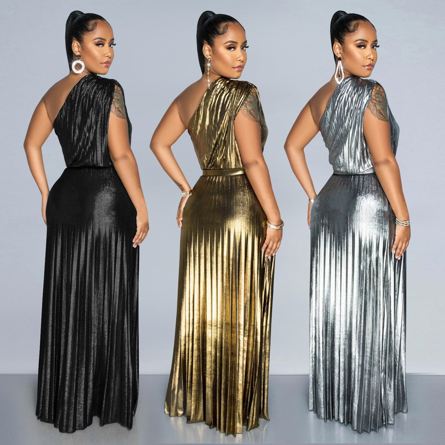 Elegant Bronzing Oblique Shoulder Sleeveless Dress