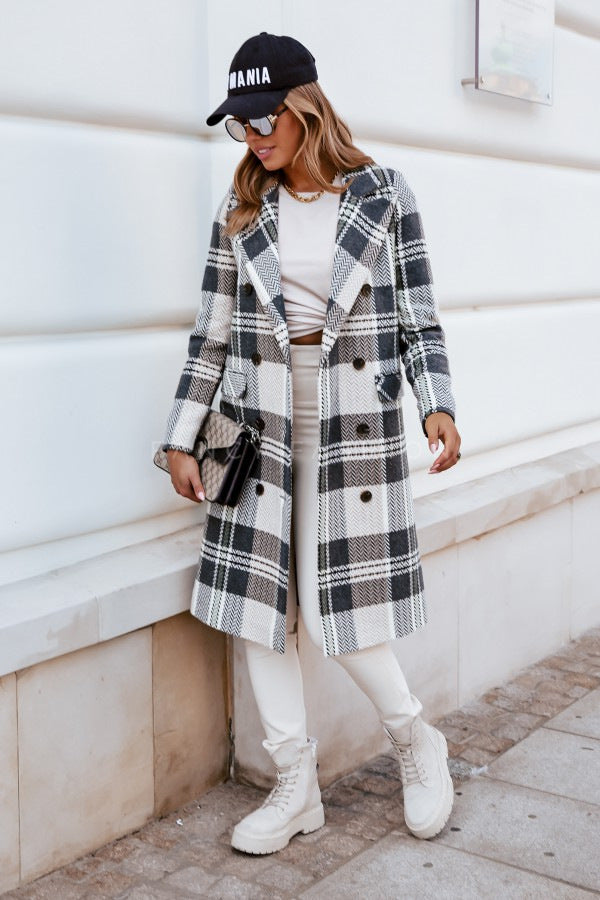 Women’s Plaid Woolen Coat Grey