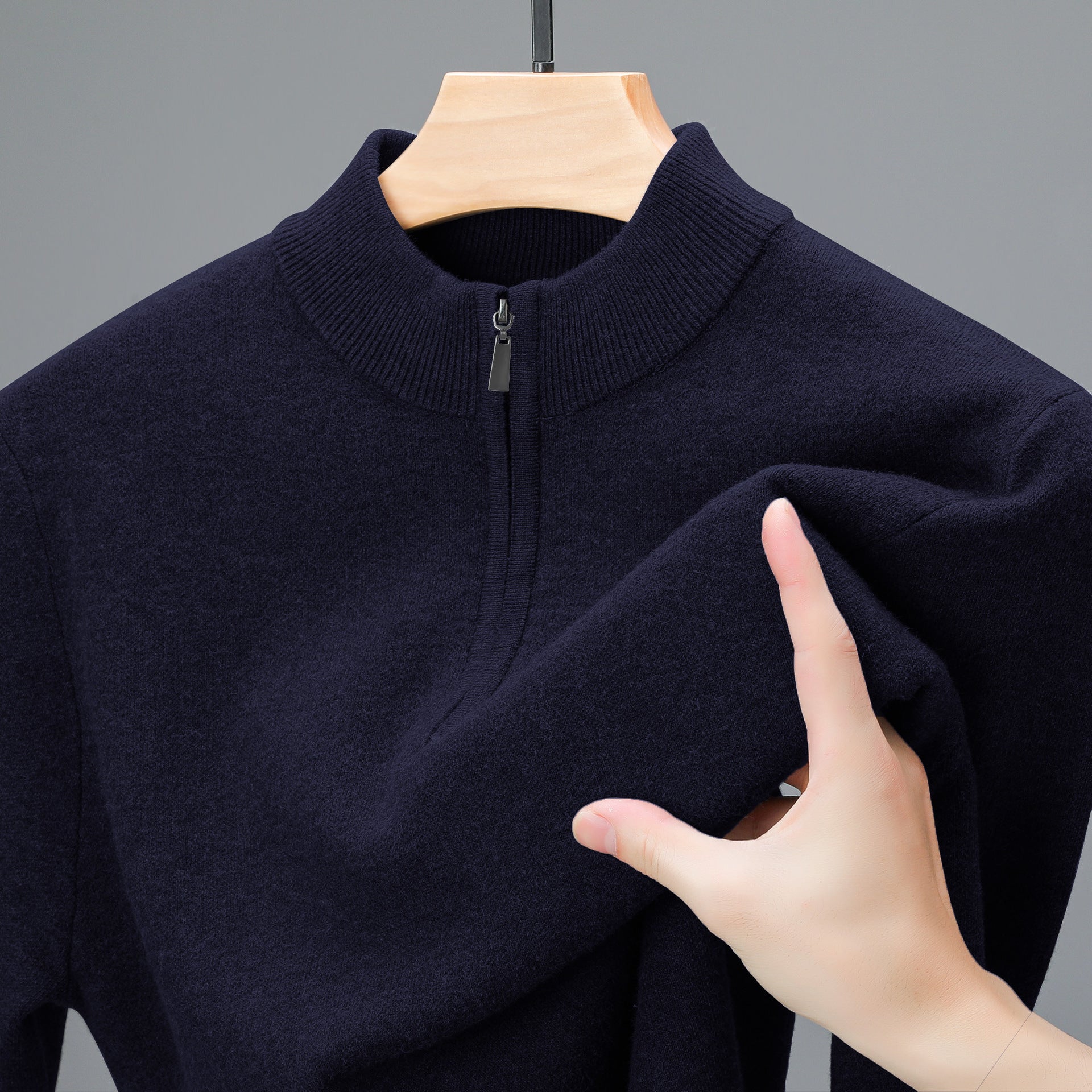 Men's Half-high Collar Zipper Sweater Navy Blue