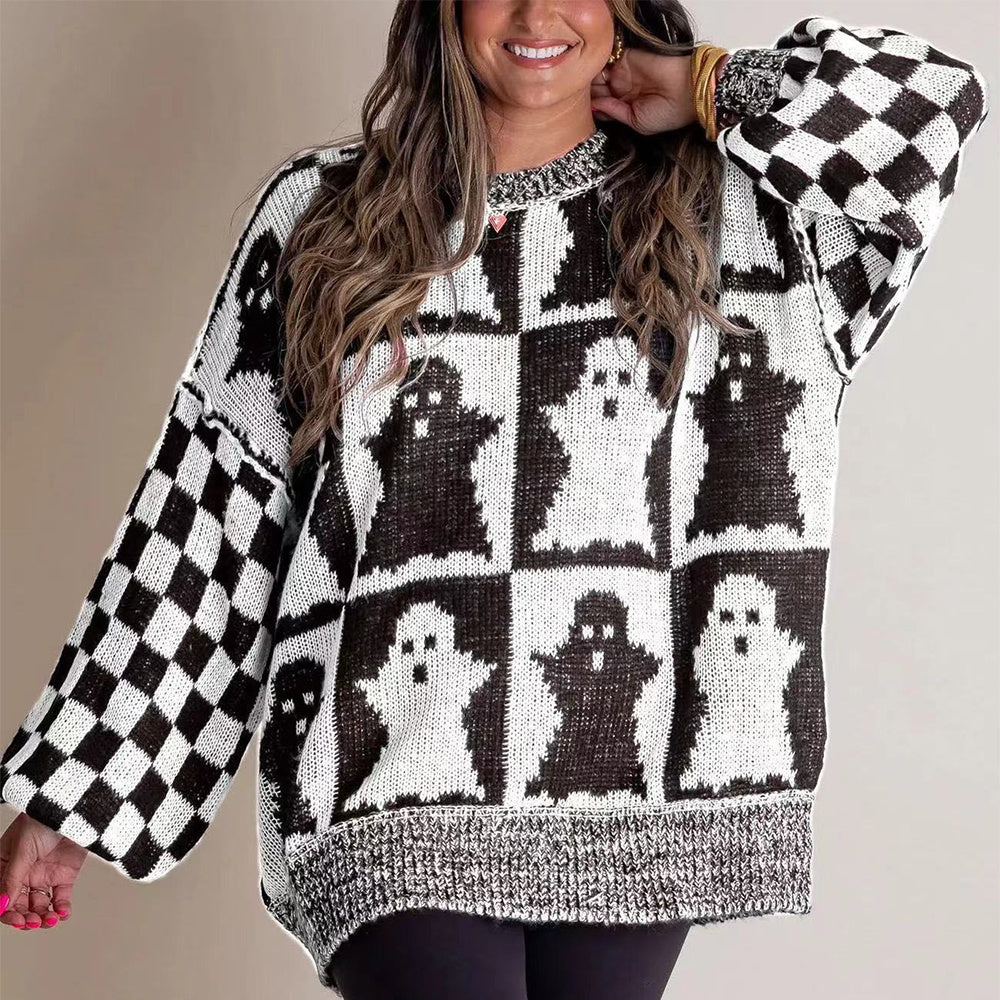 Halloween Cartoon Ghost And Checkerboard Sweater White