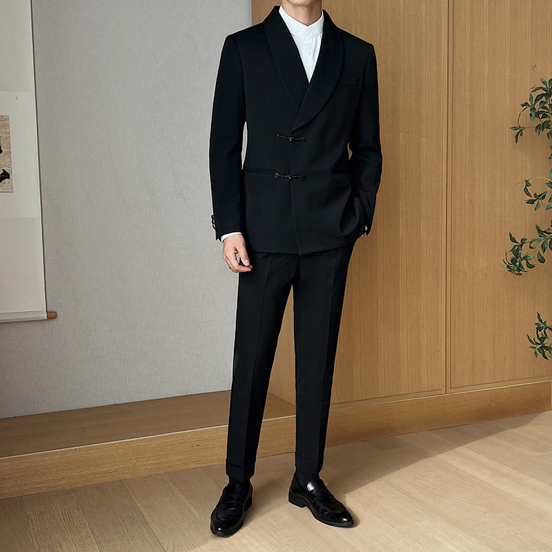 Men's Retro Collar Suit Two-piece Set Black Suit