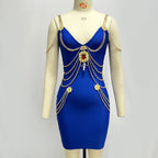 Women's Gold Chain Bandage One-piece Dress dark blue