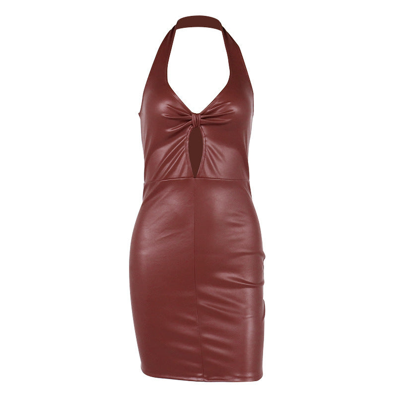 Hollow Out Backpack Hip Halter PU Leather Dress