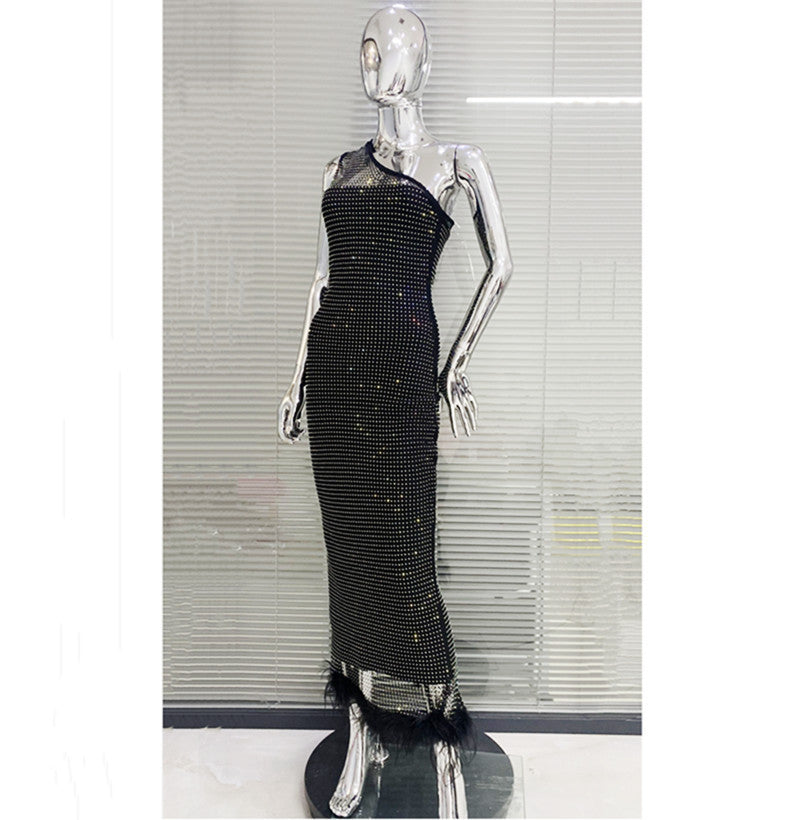 Full Diamond Feather Skirt Cross-shoulder Bandage One-piece Dress