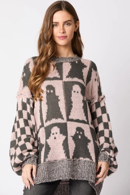 Women's Halloween Ghost Plaid Crew Neck Sweater