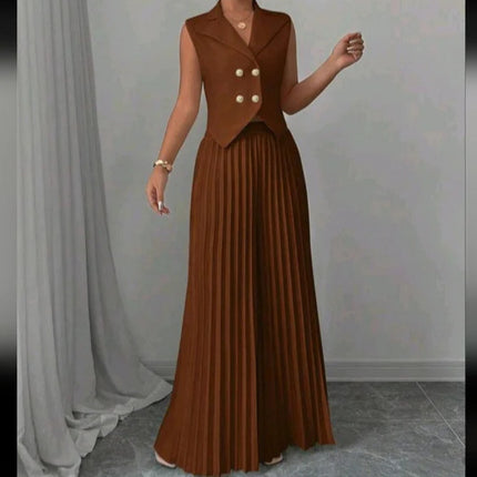 Lapel Button Vest Top And Pleated Pants set