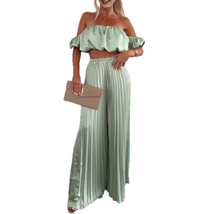 Women's Satin Tube Top Wide Leg Pants Suit