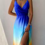 Slit Sling Summer Suspender Dress Blue and yellow