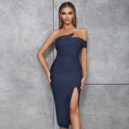 Blue Split Long Bandage One-piece Dress