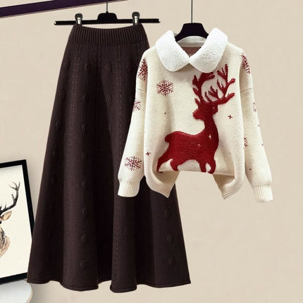 All-matching Knitted Sweater Skirt Two-piece Set white suit 3