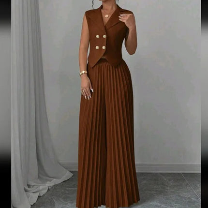 Lapel Button Vest Top And Pleated Pants set Dark Brown