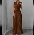 Lapel Button Vest Top And Pleated Pants set Dark Brown